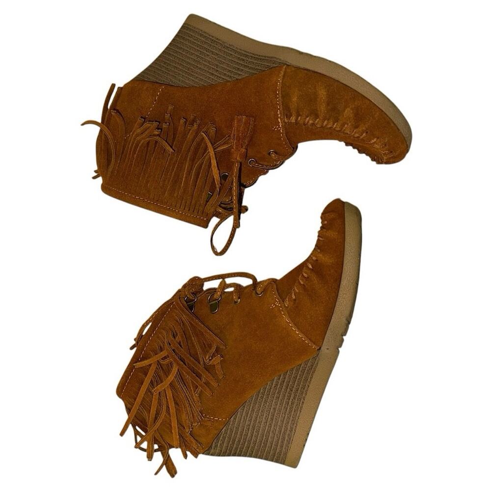 Minnetonka Brown Suede Fringe Wedge Ankle Boots Size 8